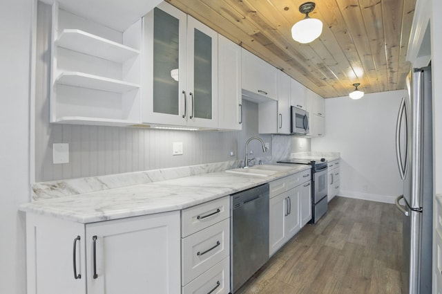 kitchen featuring white cabinets, dark wood-style floors, stainless steel appliances, a sink, and glass insert cabinets