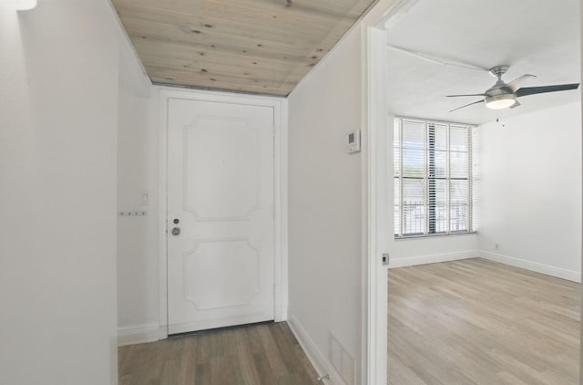 hallway with wood finished floors, visible vents, baseboards, and wood ceiling