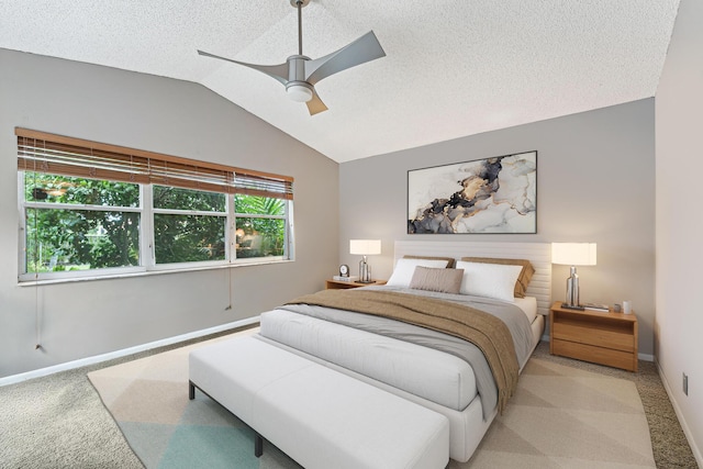 8004 Copenhagen Way, Boca Raton, FL 33434 - bedroom featuring light carpet, vaulted ceiling, a ceiling fan, baseboards, and a textured ceiling