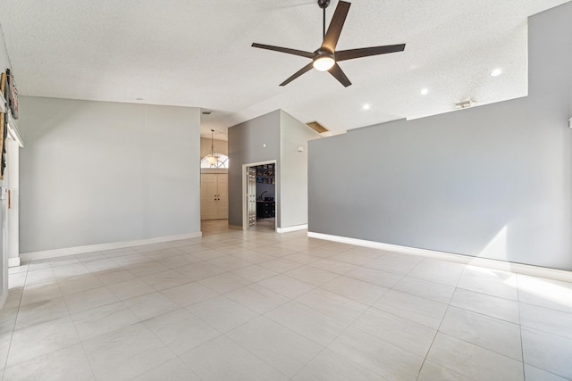 8004 Copenhagen Way, Boca Raton, FL 33434 - spare room featuring ceiling fan, a textured ceiling, high vaulted ceiling, baseboards, and recessed lighting