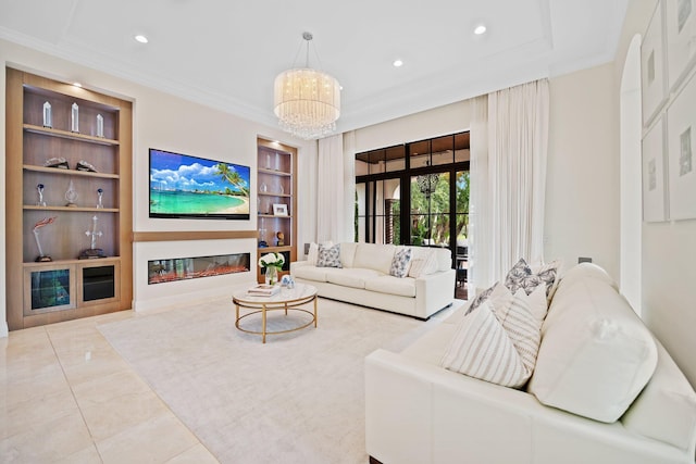 9650 Eden Mnr, Parkland, FL 33076 - living room featuring crown molding, recessed lighting, and built in shelves