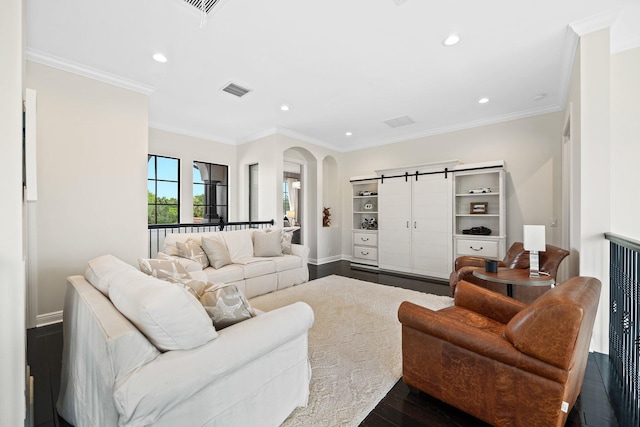 9650 Eden Mnr, Parkland, FL 33076 - living area with ornamental molding, baseboards, recessed lighting, arched walkways, and dark wood finished floors