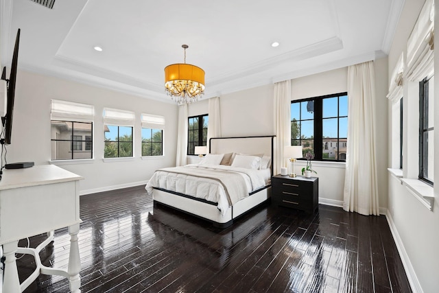9650 Eden Mnr, Parkland, FL 33076 - bedroom featuring baseboards, a raised ceiling, a chandelier, and dark wood-style floors