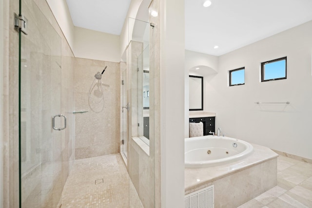 9650 Eden Mnr, Parkland, FL 33076 - full bath with visible vents, vanity, a tub with jets, recessed lighting, and a stall shower