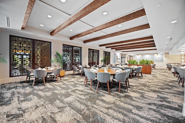 9650 Eden Mnr, Parkland, FL 33076 - dining space with visible vents, beam ceiling, and carpet