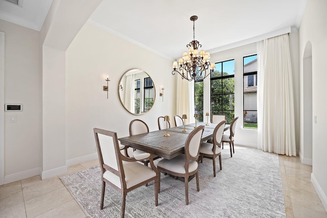 9650 Eden Mnr, Parkland, FL 33076 - dining space featuring an inviting chandelier, baseboards, crown molding, and light tile patterned floors