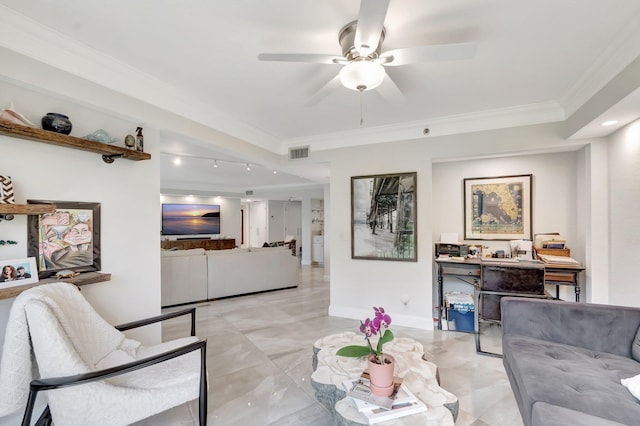 5279 Fountains Dr S Unit 304, Lake Worth, FL 33467 - living area with crown molding, a ceiling fan, light marble finish floors, and baseboards