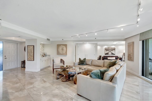 5279 Fountains Dr S Unit 304, Lake Worth, FL 33467 - living room with rail lighting, light marble finish flooring, ceiling fan, baseboards, and ornamental molding
