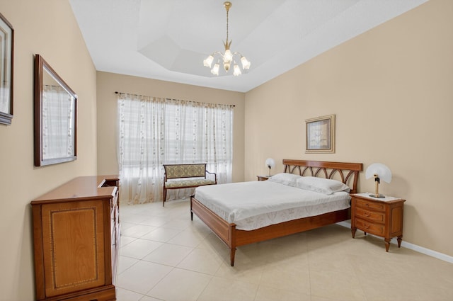 6863 Imperial Beach Cir, Delray Beach, FL 33446 - bedroom featuring a chandelier, baseboards, and light tile patterned flooring