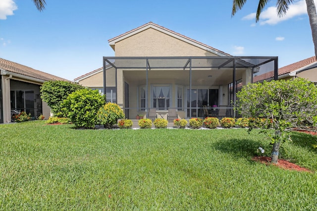 6863 Imperial Beach Cir, Delray Beach, FL 33446 - rear view of house with stucco siding, a yard, and a lanai