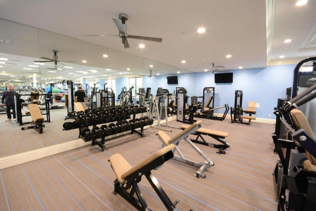 6863 Imperial Beach Cir, Delray Beach, FL 33446 - workout area featuring a ceiling fan, recessed lighting, baseboards, and carpet