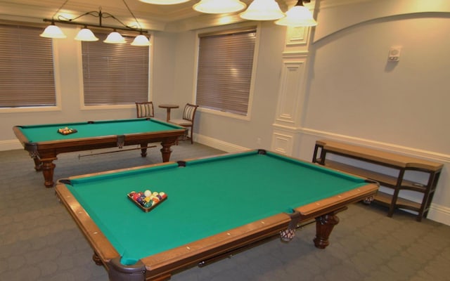 6863 Imperial Beach Cir, Delray Beach, FL 33446 - game room with billiards, baseboards, carpet floors, and crown molding