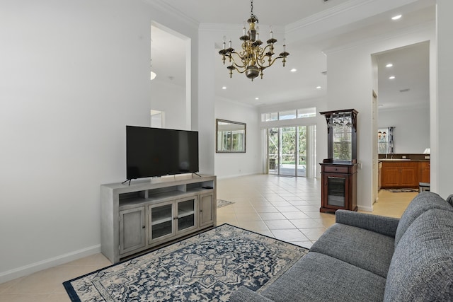 477 NW Blue Lake Dr, Port Saint Lucie, FL 34986 - living room with ornamental molding, light tile patterned floors, a chandelier, recessed lighting, and baseboards