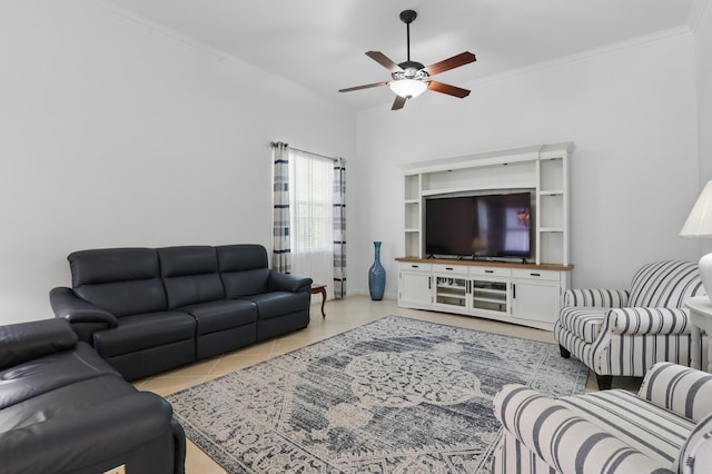 477 NW Blue Lake Dr, Port Saint Lucie, FL 34986 - living area featuring a ceiling fan, light tile patterned floors, and crown molding