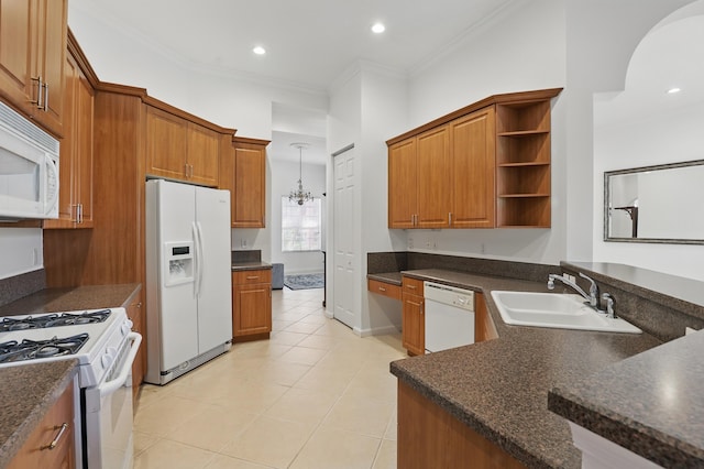477 NW Blue Lake Dr, Port Saint Lucie, FL 34986 - kitchen with white appliances, a sink, open shelves, brown cabinetry, and ornamental molding