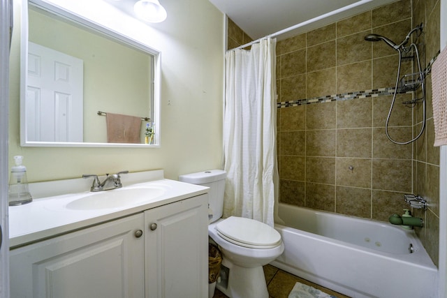 bathroom with vanity, shower / tub combo with curtain, tile patterned floors, and toilet