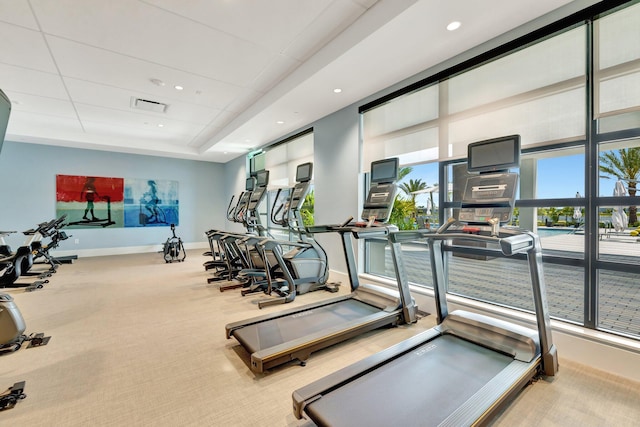 gym with recessed lighting, carpet floors, visible vents, and baseboards
