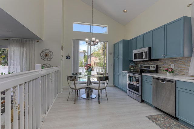 kitchen featuring stainless steel appliances, blue cabinetry, high vaulted ceiling, a chandelier, and decorative backsplash