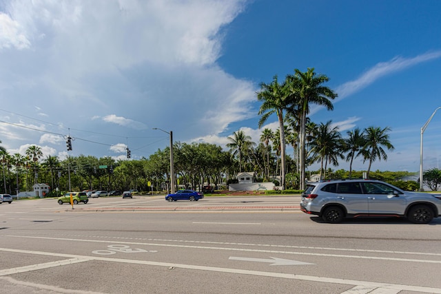 view of asphalt street featuring street lighting, curbs, and traffic lights
