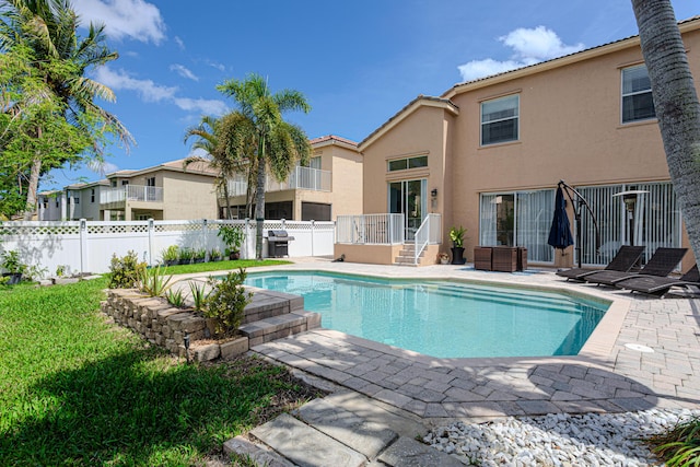 view of pool featuring a fenced backyard and a patio area