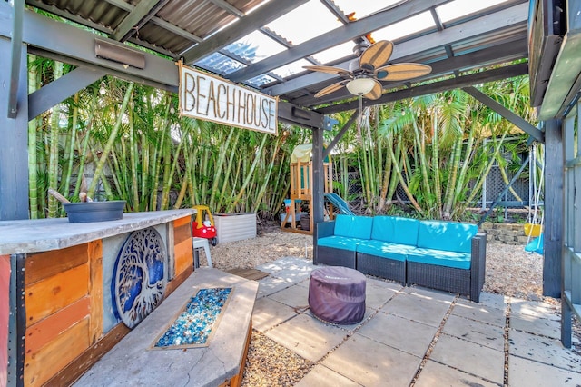 850 Green St, West Palm Beach, FL 33405 - view of patio / terrace with a pergola, a ceiling fan, and an outdoor hangout area