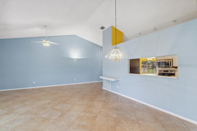 5942 Parkwalk Cir W, Boynton Beach, FL 33472 - empty room with baseboards, vaulted ceiling, visible vents, and ceiling fan with notable chandelier