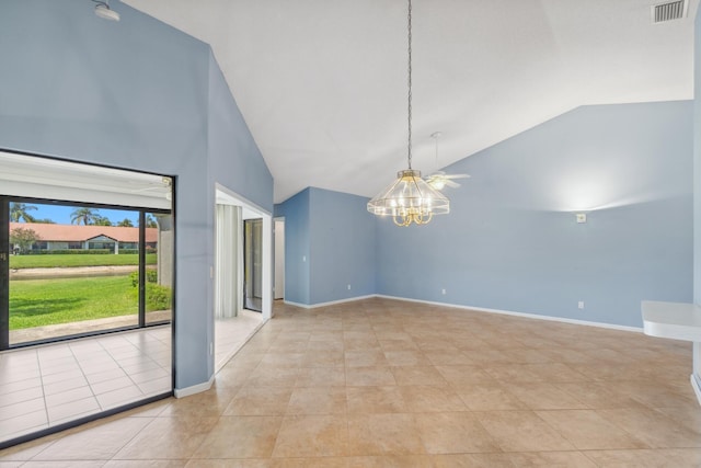 5942 Parkwalk Cir W, Boynton Beach, FL 33472 - unfurnished room with a chandelier, light tile patterned floors, high vaulted ceiling, and baseboards