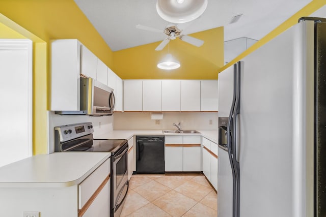 5942 Parkwalk Cir W, Boynton Beach, FL 33472 - kitchen with vaulted ceiling, a sink, ceiling fan, stainless steel appliances, and visible vents