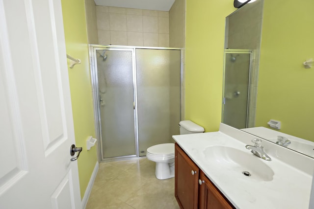 full bath featuring a shower stall, toilet, vanity, and tile patterned floors