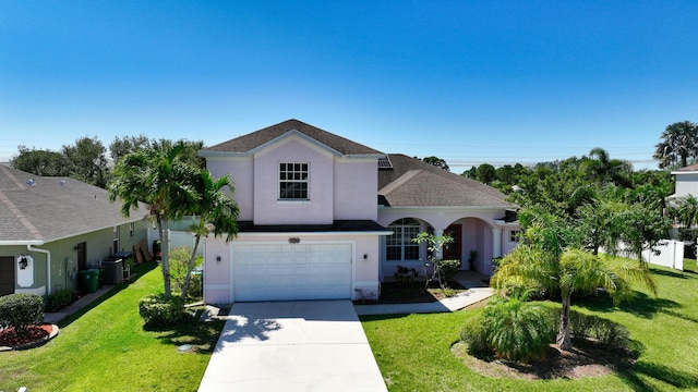 view of front of property with stucco siding, concrete driveway, a front yard, and an attached garage