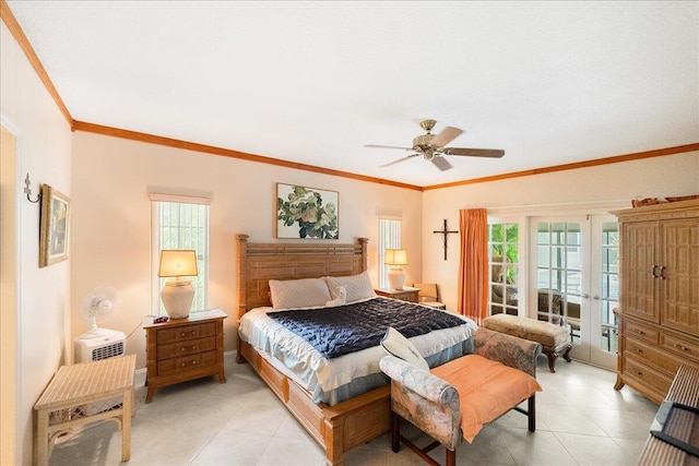 bedroom featuring a ceiling fan, crown molding, french doors, and light tile patterned floors