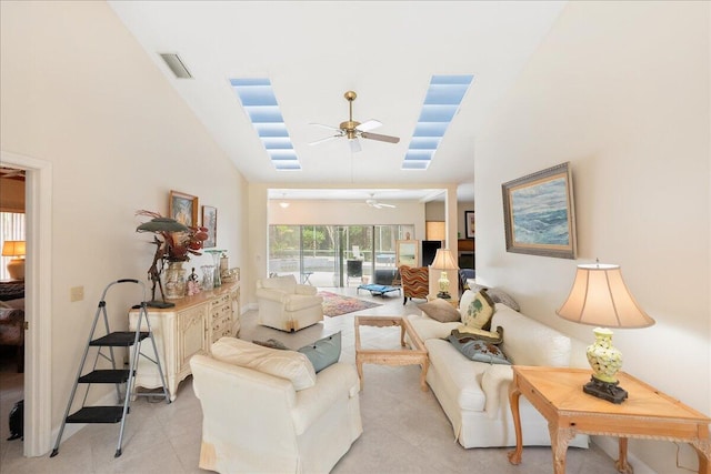 living room featuring high vaulted ceiling, ceiling fan, and visible vents