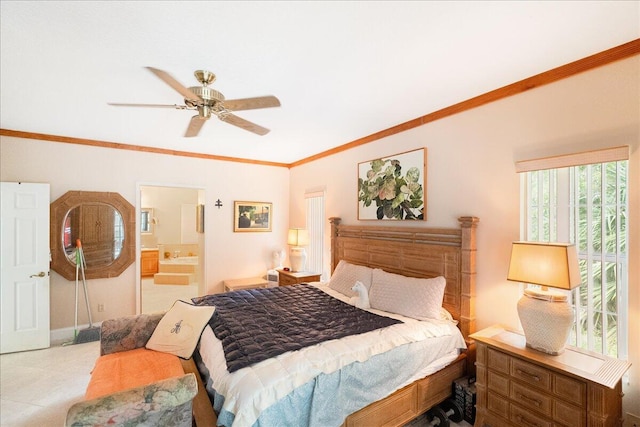 bedroom with connected bathroom, a ceiling fan, baseboards, and crown molding