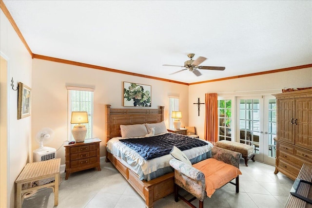 bedroom with ornamental molding, light tile patterned floors, multiple windows, and french doors