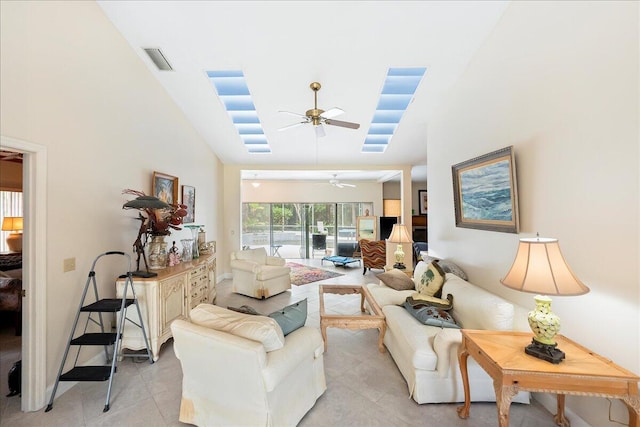 living area featuring a ceiling fan, visible vents, high vaulted ceiling, and light tile patterned flooring
