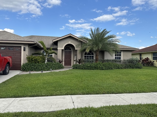 215 Monterey Way, Royal Palm Beach, FL 33411 - ranch-style house featuring an attached garage, stucco siding, and a front lawn