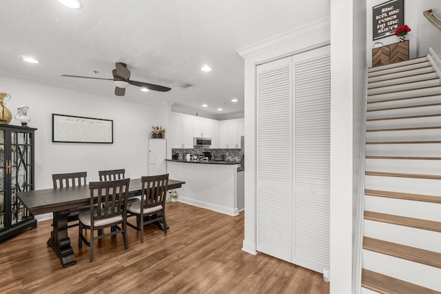 1874 Via Sofia, Boynton Beach, FL 33426 - dining room featuring stairs, a ceiling fan, crown molding, and recessed lighting