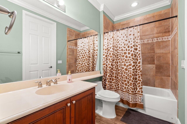 1874 Via Sofia, Boynton Beach, FL 33426 - full bathroom featuring shower / bath combination with curtain, crown molding, wood finished floors, vanity, and toilet