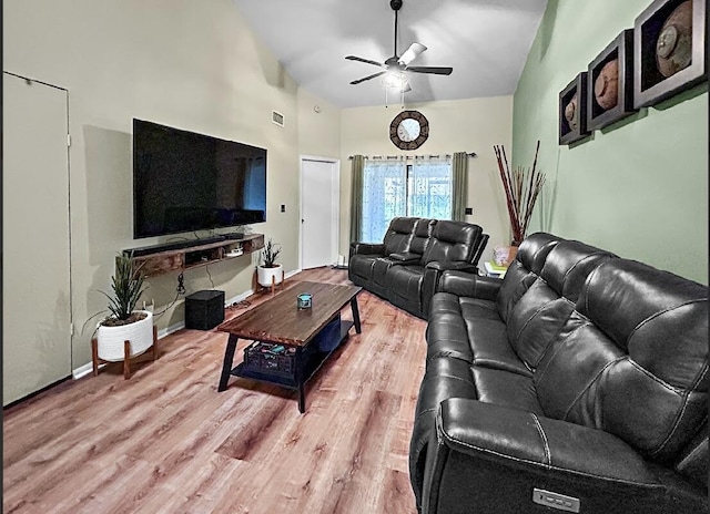 3696 Timberline Dr, West Palm Beach, FL 33406 - living room featuring wood finished floors, ceiling fan, visible vents, and high vaulted ceiling