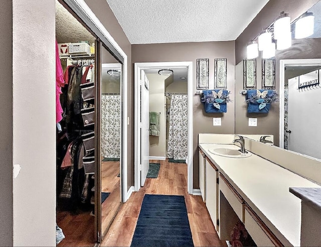 3696 Timberline Dr, West Palm Beach, FL 33406 - bathroom featuring a spacious closet, vanity, a textured ceiling, and wood finished floors
