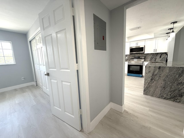 208 Palm Beach Trace Dr, Royal Palm Beach, FL 33411 - corridor with electric panel, light wood-style floors, and baseboards