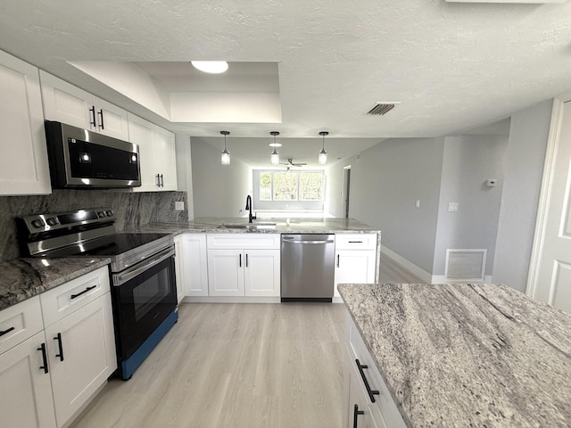 208 Palm Beach Trace Dr, Royal Palm Beach, FL 33411 - kitchen featuring stainless steel appliances, a sink, light wood-type flooring, white cabinetry, and a peninsula