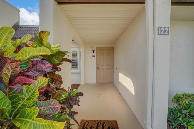 doorway to property with stucco siding