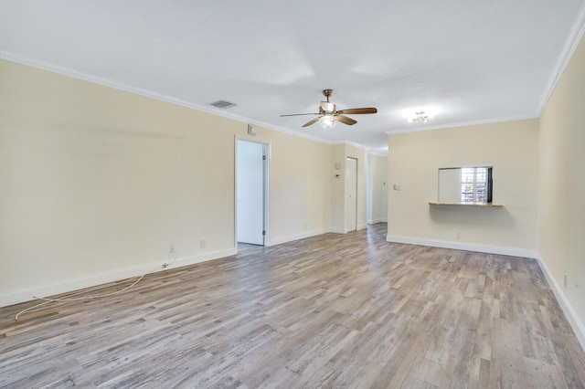 unfurnished living room featuring ornamental molding, a ceiling fan, wood finished floors, and visible vents