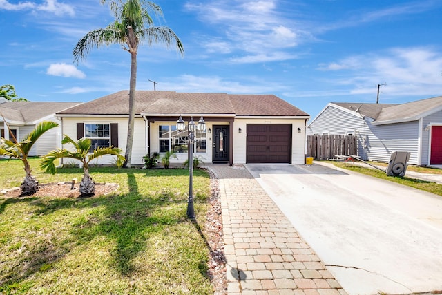 7938 Ridgewood Dr, Lake Worth, FL 33467 - ranch-style house featuring concrete driveway, a front yard, a garage, fence, and a shingled roof