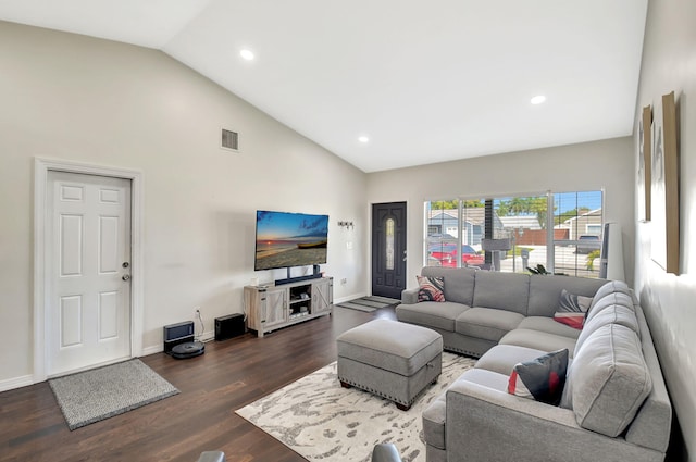 7938 Ridgewood Dr, Lake Worth, FL 33467 - living area featuring high vaulted ceiling, recessed lighting, visible vents, and wood finished floors
