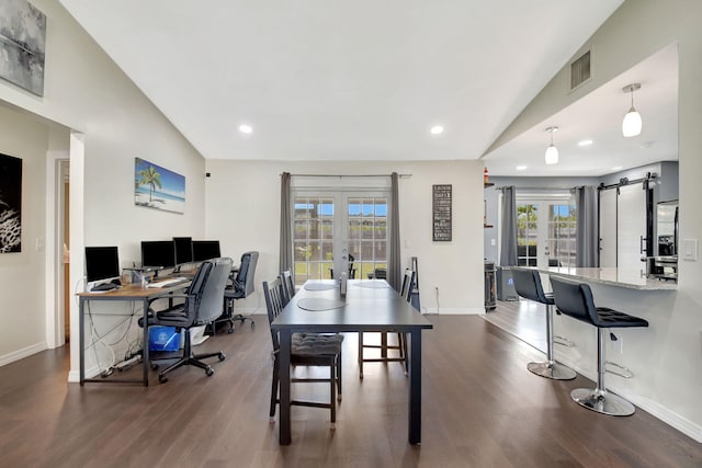 7938 Ridgewood Dr, Lake Worth, FL 33467 - interior space featuring french doors, dark wood finished floors, visible vents, and lofted ceiling