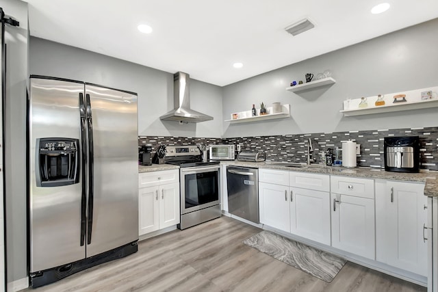 7938 Ridgewood Dr, Lake Worth, FL 33467 - kitchen featuring white cabinetry, backsplash, open shelves, wall chimney exhaust hood, and stainless steel appliances