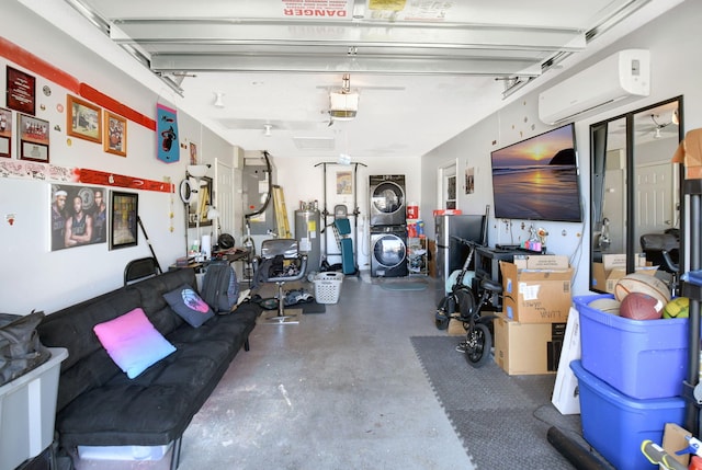 7938 Ridgewood Dr, Lake Worth, FL 33467 - garage featuring stacked washing maching and dryer, water heater, a wall unit AC, and a garage door opener