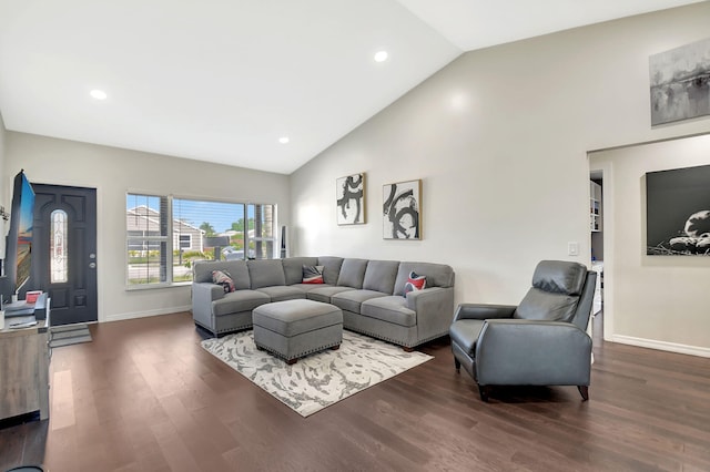 7938 Ridgewood Dr, Lake Worth, FL 33467 - living area featuring high vaulted ceiling, recessed lighting, dark wood-style floors, and baseboards